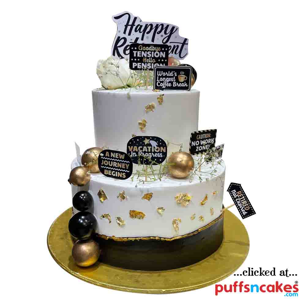 (2372) Retirement White Black Golden Theme Cream Cake